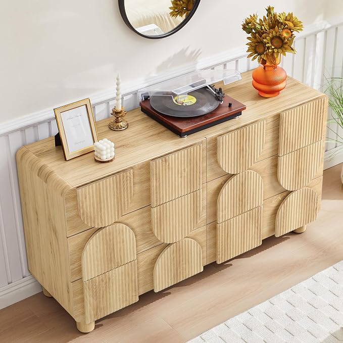 Fluted Dresser for Bedroom with 6 Drawers, 54" Wide Mid Century Modern Chest of Drawers , Wooden Curved Dresser TV Stand, Wood Closet Clothes Storage Organizer for Living Room, Hallway, Natural