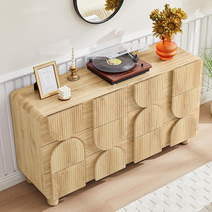 Fluted Dresser for Bedroom with 6 Drawers, 54" Wide Mid Century Modern Chest of Drawers , Wooden Curved Dresser TV Stand, Wood Closet Clothes Storage Organizer for Living Room, Hallway, Natural