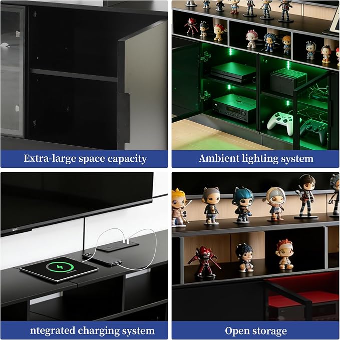 70-Inch Black TV Cabinet,Equipped with A USB Charging Strip,6 Large Storage Spaces,2 Glass Doors with Built-in Ambient Lighting,Serving as A Media and Entertainment Cabinet