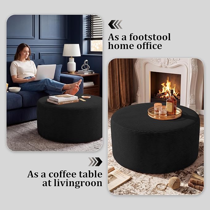 BSHOMGI Round Coffee Table Ottoman for Corduroy Cloud Sectional Couches in a Box Memory Foam Compressed Pouf Footstool Rest for Living Room, Bedroom, Makeup Room No Assembly Require(Black, 27.6")