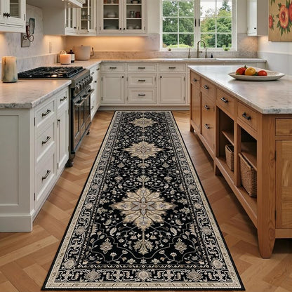 RELEANY Area Rugs Runner 2'x7' Washable Non-Slip, Floral Vintage Distress Medallion Carpet for Kitchen Hallway Bedroom Beside Laundry Room Bathroom, Black Brown Neutral Dark Tan