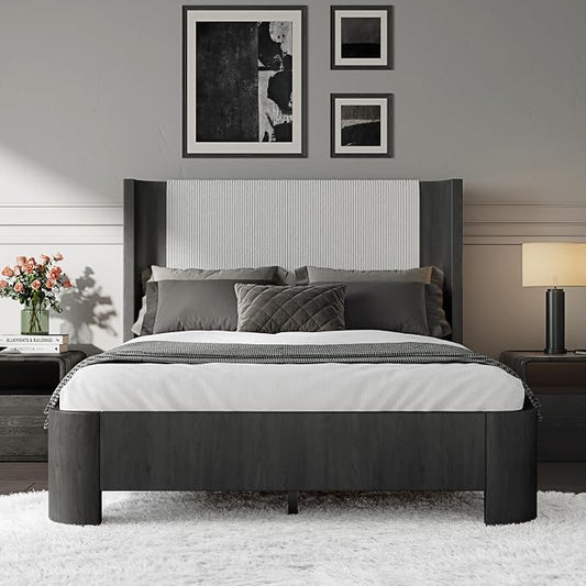 Full Size Upholstered Platform Bed Frame with Wingback Headboard, Motion-Sensing LED Lights, Sturdy Slats, Mattress-Lock Footboard, PU Leather,No Box Spring Needed, Easy Assembly, Dark Grey Oak
