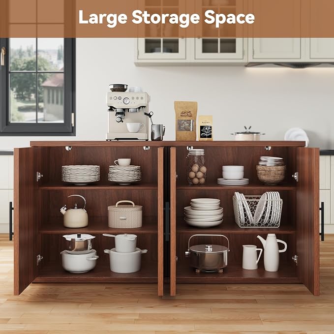 MapleGrace 63" Fluted Buffet Cabinet with Storage, Mid-Century Symmetrical Arched Sideboard Credenza with Adjustable Shelf, Large Wood Console Table for Dining Room, Kitchen, and Living Room (Walnut)