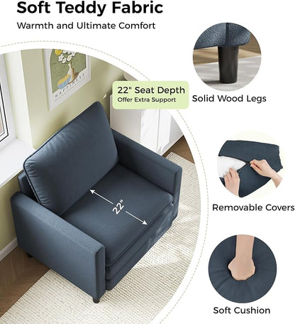 Welzona 3-Layers Cloud Accent Chair, 33" Reading Chair for Bedroom, Living Room - Tool-Free Assembly with Teddy Fabric Couch Chair - Blue Grey - Arm Chairs - Removable Washable Covers - 450lb Capacity