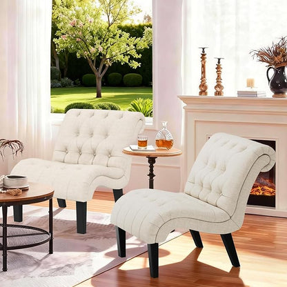 Accent Chairs Set of 2 Mid Century Modern Tufted Upholstered Chair for Living Room Bedroom Curved Armless Side Chairs with Wood Legs Linen Fabric