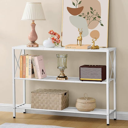 Hoctieon White Industrial Console Table, 3 Tier Entryway Tables, Hallway Desk, Narrow Sofa Tables with Shelves, Entrance Table for Entryway, Living Room, Foyer, Hallway, Office, White