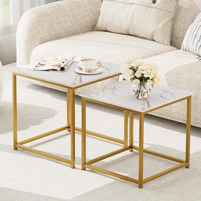 Garden 4 you Coffee Table Set of 2, Modern Engineered Wood Nesting Table, Metal Frame Square Center Table Set, Side Tables, Nesting Coffee Table for Living Room, Bedroom and Small Spaces, 19.7in Gold