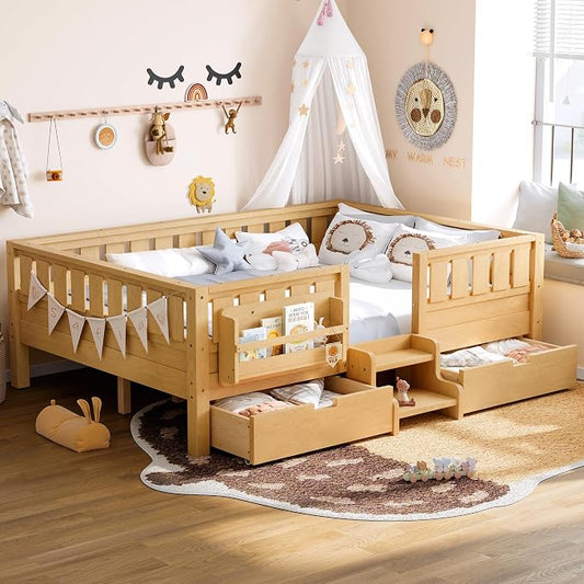 Bellemave Full Floor Bed with Stairs, Rails and Slats, Full Size Montessori Floor Bed with Bookshelf and 2 Storage Drawers, Easy Assemble Montessori Beds Frame for Girls, Boys, Light Natural