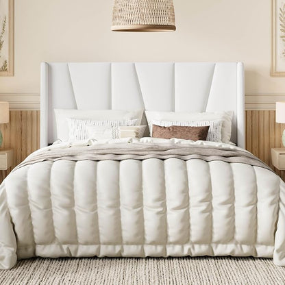 SHA CERLIN Full Size Velvet Bed Frame with Geometric Wingback Headboard, Upholstered Platform Bed with Wooden Slats Support, 8" Under-Bed Space, No Box Spring Needed, Easy Assembly, White