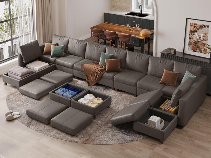 EASE MOOSE Faux Leather Modular Couch Sectional Sofa with Storage Ottomans, Oversized U Shaped Couch, Grey