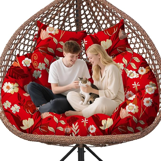Double Egg Chair Cushion Replacement Waterproof for Outdoor Patio Hanging Basket Egg Chairs, 59x43-Inch Thickened 100% Cotton Large Double Eggs Swing Chair Cushions, Red Peony