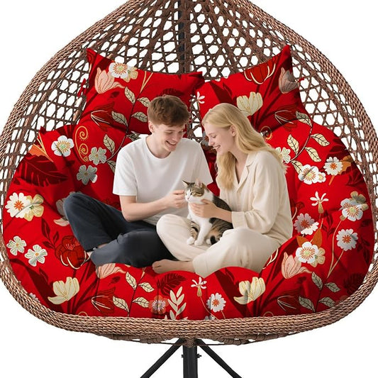Double Egg Chair Cushion Replacement Waterproof for Outdoor Patio Hanging Basket Egg Chairs, 59x43-Inch Thickened 100% Cotton Large Double Eggs Swing Chair Cushions, Red Peony