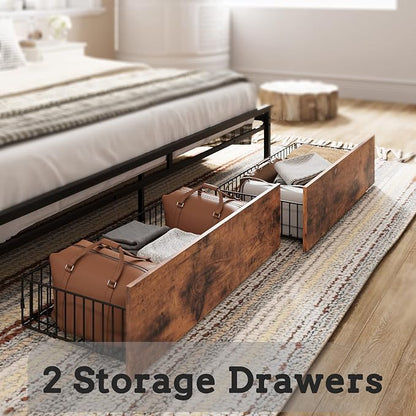 LIKIMIO King Size Bed Frame with 2 Drawers and Charging Station | Platform Bed with Upholstered Storage Headboard, No Box Spring Needed, Easy Assembly, Sturdy, Industrial Brown and Gray