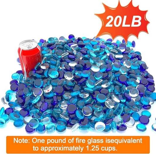 Uniflasy 20 lb Reflective Fire Glass, 1/2 in Blue Mix | For Propane Fire Pits, Natural Gas Fireplaces, Fire Tables, and Lava Rock Replacement