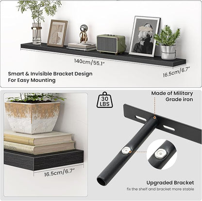 Heimlove 55 Inch Floating Shelves for Wall,Extra Long Mounted Storage wall Shelves with Invisible Metal Bracket for Bedroom Living Room Kitchen Office Set of 2,Black