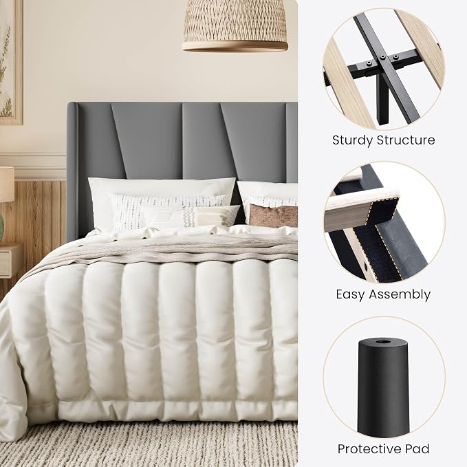 SHA CERLIN Full Size Velvet Bed Frame with Geometric Wingback Headboard, Upholstered Platform Bed with Wooden Slats Support, 8" Under-Bed Space, No Box Spring Needed, Easy Assembly,Light Gray