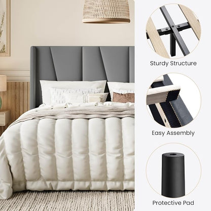 SHA CERLIN Full Size Velvet Bed Frame with Geometric Wingback Headboard, Upholstered Platform Bed with Wooden Slats Support, 8" Under-Bed Space, No Box Spring Needed, Easy Assembly,Light Gray