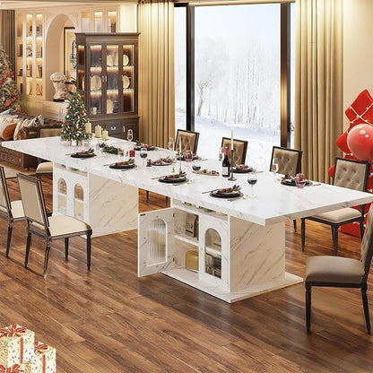 HSH Dining Table for 4–6, 63" Modern Kitchen Dining Room Table with Storage Shelves & Acrylic Door Cabinet,Wood Rectangle Dinner Table with Faux Marble Top for Home Apartment, White Faux Marble