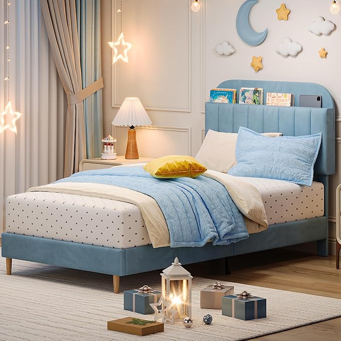 GarveeHome Twin Bed Frame with Storage Headboard, Velvet Upholstered Platform Bedframe for Kids, Boy Bed, Strong Wooden Slats, Noise-Free, Easy Assembly, No Box Spring Needed, Blue