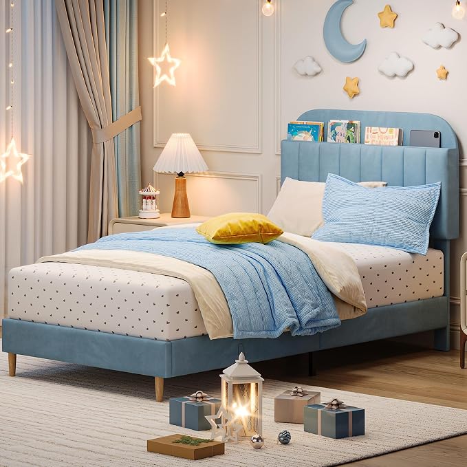 GarveeHome Twin XL Bed Frame with Storage Headboard, Velvet Upholstered Platform Bedframe for Kids, Boy Bed, Strong Wooden Slats, Noise-Free, Easy Assembly, No Box Spring Needed, Blue