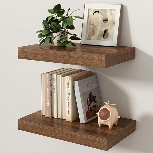 Floating Shelves for Wall, 16 Inch x 8 Inch Deep Wall Mounted Wood Shelf with Invisible Brackets for Storage & Display, Living Room Bedroom Kitchen, Walnut, Set of 2