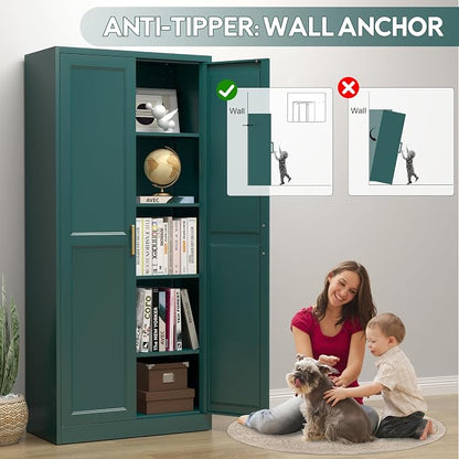 UNICOLY 71" Storage Cabinet, Metal Pantry Cabinet, Kitchen Pantry Storage Cabinets with Doors and 4 Shelves, Cabinets for Laundry Room, Living Room, Dinning Room, Assembly Required, Green