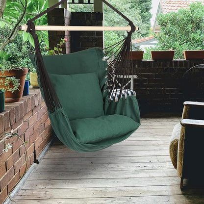 Highwild Hammock Chair Hanging Rope Swing - Max 500 Lbs - 2 Cushions Included - Steel Spreader Bar with Anti-Slip Rings - for Any Indoor or Outdoor Spaces (D- Cushions Included-Green)