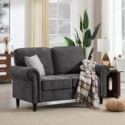 Kingfun Loveseat 2 Seater Couch, Mid Century Modern Chenille Sofa with Rolled Arms and Deep Seats, Fluffy Comfort for Living Room, Apartment, Easy Assembly, Grey