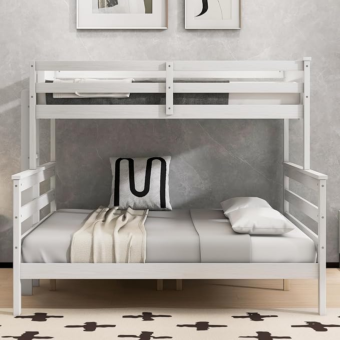 Wood Bunk Bed Twin XL Over Queen Size, Detachable Design Bunk Bed Frame with Safety Guardrail, Ladder and Sturdy Slats Support (White-4.21)