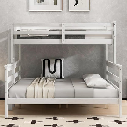 Wood Bunk Bed Twin XL Over Queen Size, Detachable Design Bunk Bed Frame with Safety Guardrail, Ladder and Sturdy Slats Support (White-4.21)