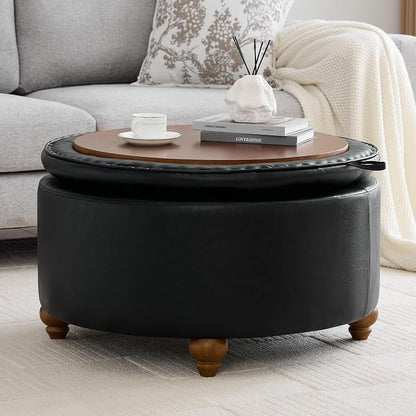 WUTUTUEE 30Inch Round Storage Ottoman with Tray, Modern Tufted Leather Circle Coffee Table with Storage, Upholstered Ottoman with Removable Top for Living Room, Bedroom, Leather Black