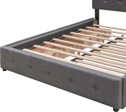Ball & Cast Queen Bed Frame with 2 Drawers and 1 Twin XL Trundle, Linen Upholstered Platform Bed Frame Queen Size with Button Tufted Headboard & Wood Slats Support,No Box Spring Needed,Dark Gray