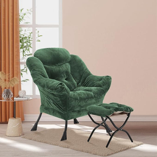 Youtanic Lazy Chair with Folding Ottoman, Accent Chair Plush Upholstered with Metal Structure and Non-Slip Pads, Sofa Armchair with Footrest and Side Storage Bag for Dorm, Room, Office, Green