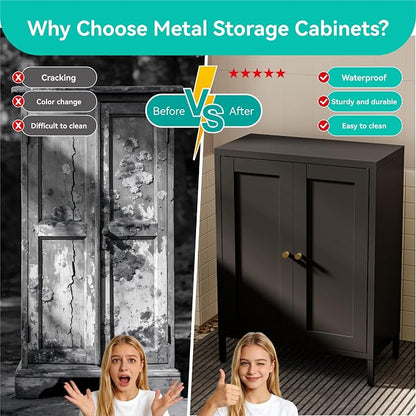 Small Metal Storage Cabinet,11.8" D x 23.6" Wx31.5 H,Bathroom Cabinet with Adjustable Shelves,Shaker Cabinet for Kitchen Living Room Entryway Dining Room, 3-Tier,Black