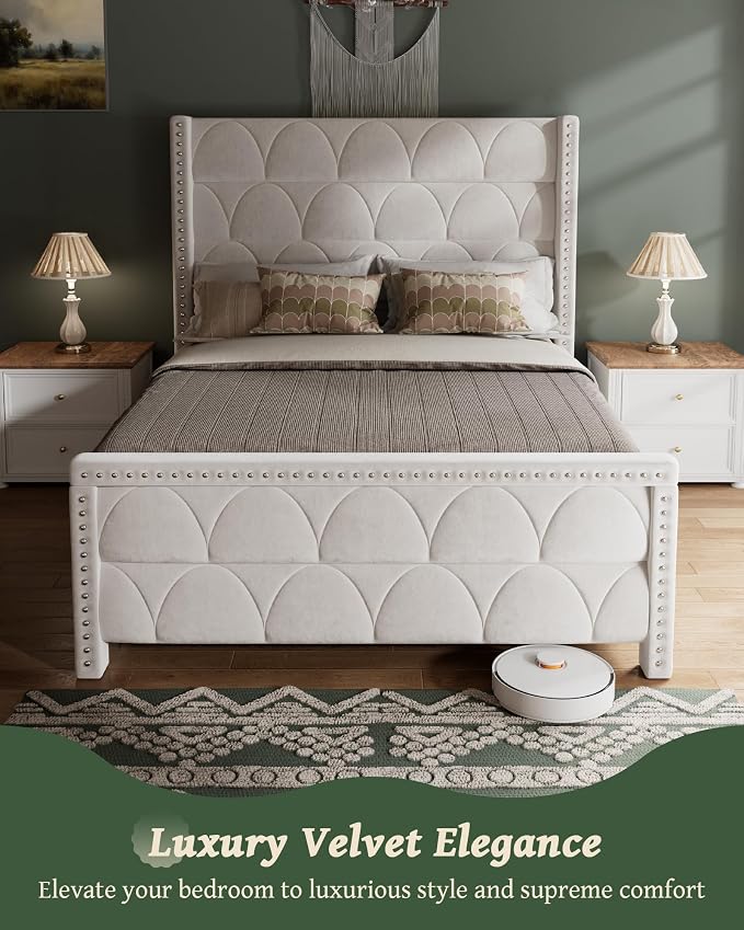 OHOHOLIVE Queen Size Bed Frame with 56" Headboard - Velvet Upholstered Wingback Platform Bed Frame, Noise Free, Sturdy Wooden Slat Support (Cream, Queen)