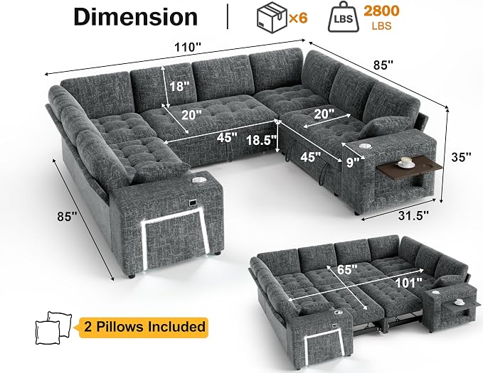 Vipbear 111" Modular Sectional Sleeper Sofa with Pull Out Bed, 8 Seat Chenille U Shaped Couch with 2 Pull-Out Beds|USB Ports|Cup Holders|Side Table|LED Light, Tool Free Assembly, Grey