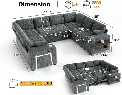 Vipbear 111" Modular Sectional Sleeper Sofa with Pull Out Bed, 8 Seat Chenille U Shaped Couch with 2 Pull-Out Beds|USB Ports|Cup Holders|Side Table|LED Light, Tool Free Assembly, Grey