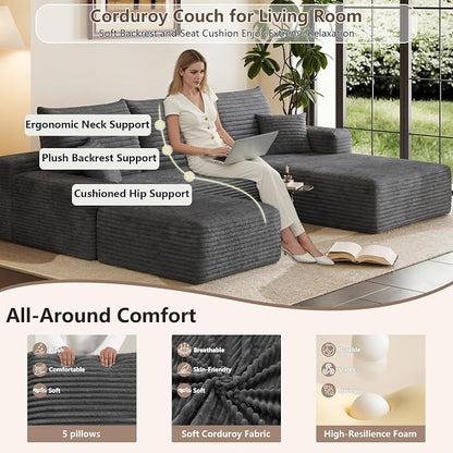 95" Cloud Sectional Couch U-Shaped Chaise with Ottoman, Corduroy Boneless Couch for Living Room Bedroom, Deep-Seat Upholstered Modular Cloud Sofa, No Assembly Required (Grey, Right Facing Chaise)