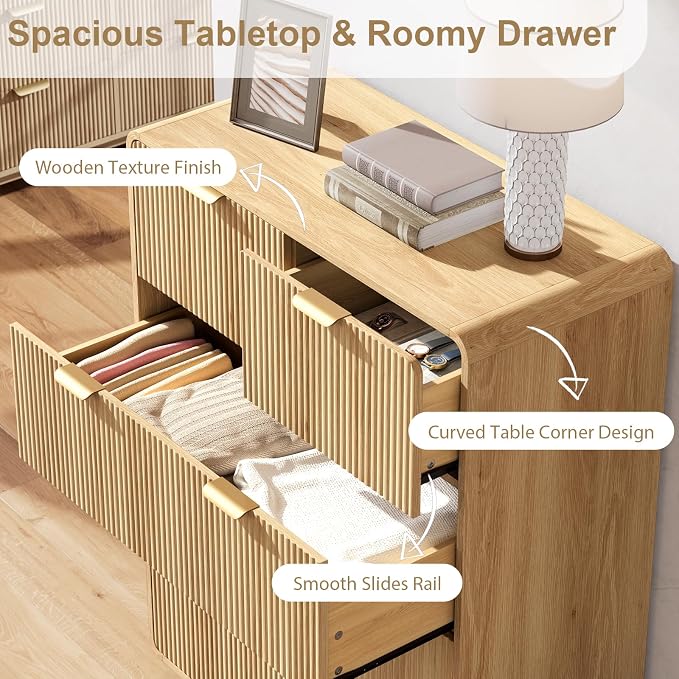QUW Fluted 5 Drawers Dresser for Bedroom, Modern 40.2" Tall Drawer Dressers with Metal Handle, Wooden Chest of Dresser for Living Room, Hallway, Solid Wood Legs, Curved Profile Design, Natural Oak