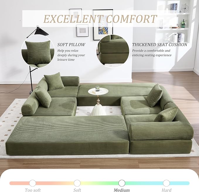 106" Oversized Convertible Sleeper Sofa Bed, Corduroy L Shape Sectional Couch, Folding Sofa Bed with Side Pocket, Modern Cloud Floor Mattress Couch, Modular Sofa for Living Room, Olive Green
