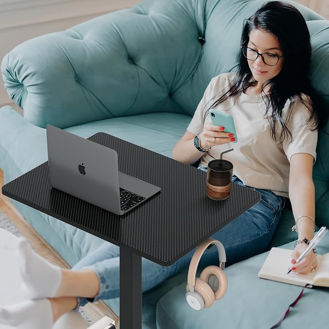 18.9 * 25.6 inch Mobile Standing Desk,T Shaped Pneumatic Adjustable Height Stand Up Desk,with Lockable Wheels,Ergonomic Standing Side Table for Home Office Work Workstation Carbon Fiber+Black