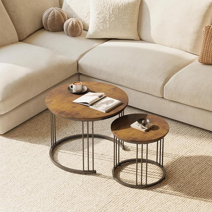 Garden 4 you Nesting Coffee Table, 23.6" Round Coffee Table Set of 2, Wooden Nesting Table with Metal Frame, Ceter Tables for Living Room Bedroom Balcony, Rustic Brown