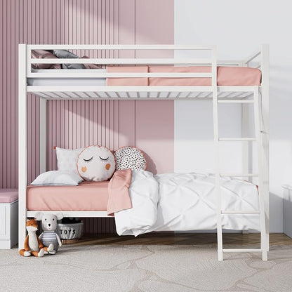 SHA CERLIN Loft Bunk Bed Twin Over Twin Size with Ladder and Guardrail,Heavy Duty Metal Slats Support No Box Spring Needed Small Space Saving Furniture for Bedroom Dorm,White