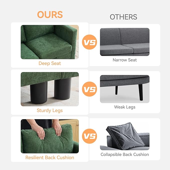 WUTUTUEE 58”Modular Sectional Loveseat Sofa, Modern Love Seat 2 Seater Sofa Couch with Storage, Chenille Modular Sectional Couch for Living Room, Bedroom, Office, Small Apartment, Dark Green