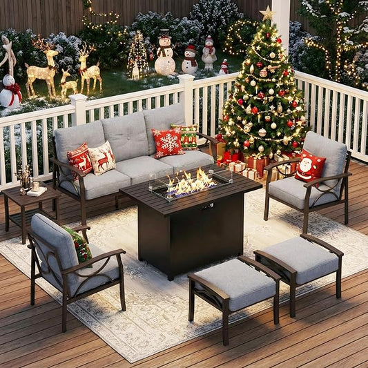 FansaFurn 7-Pieces Outdoor Patio Furniture Set with 43" Fire Pit Table, Outdoor Metal Sectional Sofa with Cushions, Outdoor Conversation Set for Garden, Balcony, Deck, Backyard, Grey