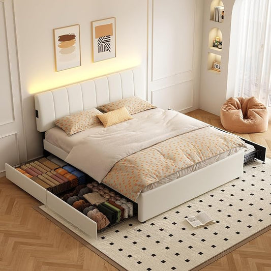 King Size Upholstered Platform Bed with 4 Storage Drawers | 4 Storage Drawers, USB/Type-C Charging,APP-Controlled LED Lights,No Box Spring Needed,Beige Chenille Fabric,Easy to Assemble