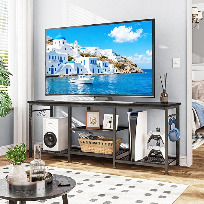 YGEOMER TV Stand for TVs Up to 50 Inch, Entertainment Center for Living Room, Bedroom, Black