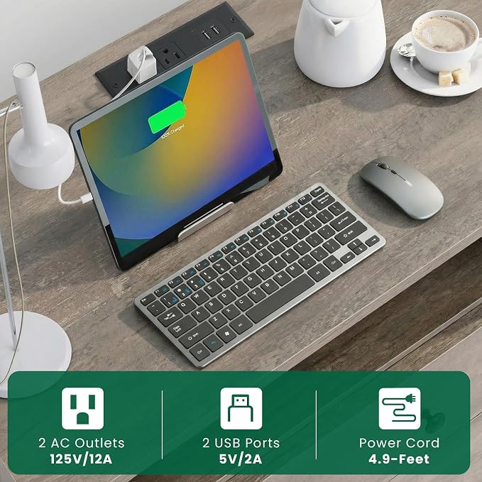 27 Inch LED Nightstand with Charging Station, 2 Drawers, Gray | Solid Wood and Steel Frame, 2 AC Outlets, 2 USB Ports, RGB App Control, Open Storage, Adjustable Feet, for Bedroom or Office