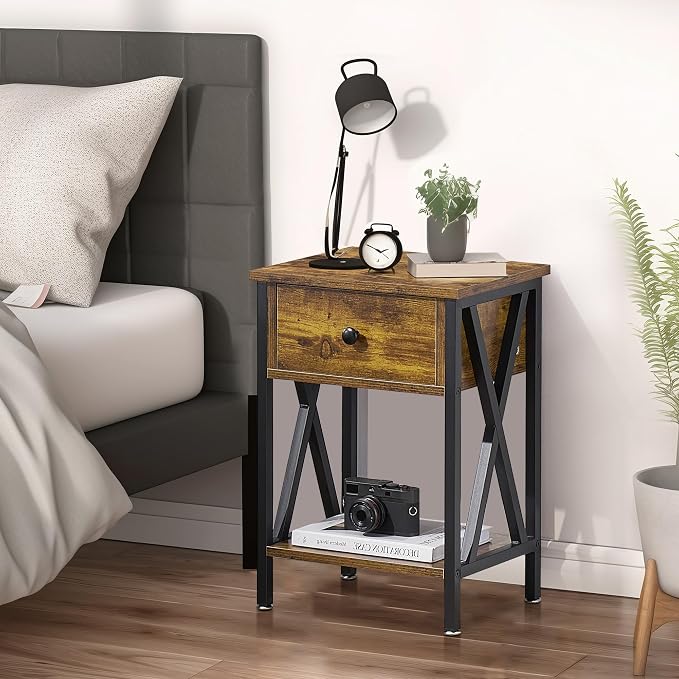 VECELO Nightstand,Modern Bedside End Table, Night Stand with Drawer and Storage Shelf for Living Room Bedroom, Industrial Metal Frame
