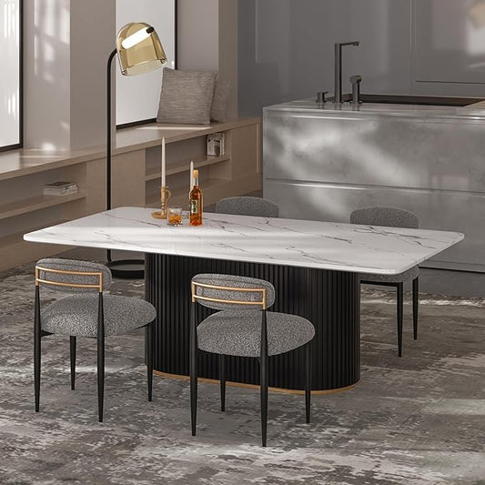 Morden Fort Modern Dining Table Set for 4, 70" Kitchen Table with Marble Rectangle Top and Black Fluted Base, 4 Boucle Upholstered Chairs for Dining Room, Restaurant and Reception